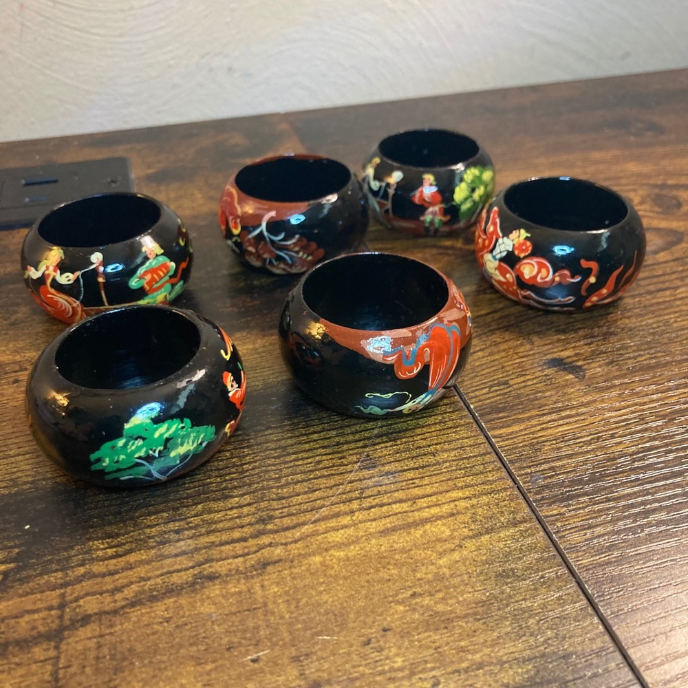 Vintage Russian Palekh Khokhloma Lacquer Napkin Rings Hand Painted Folk Art 6pc